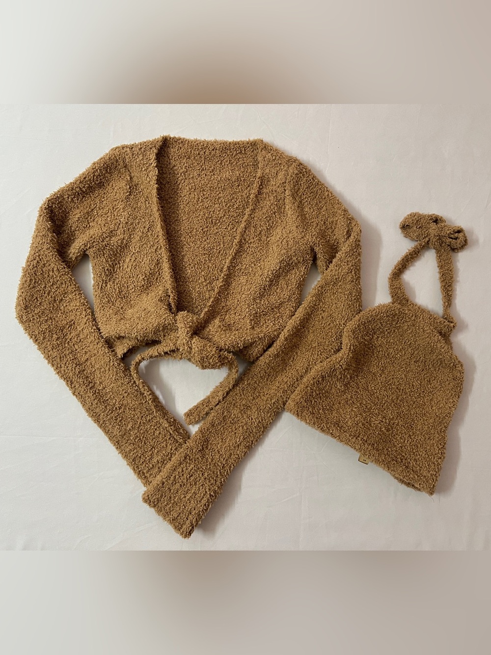 SKIMS Cozy Knit Sherpa Long Sleeve Wrap Cropped Crop Top + Halter Set Tan Camel